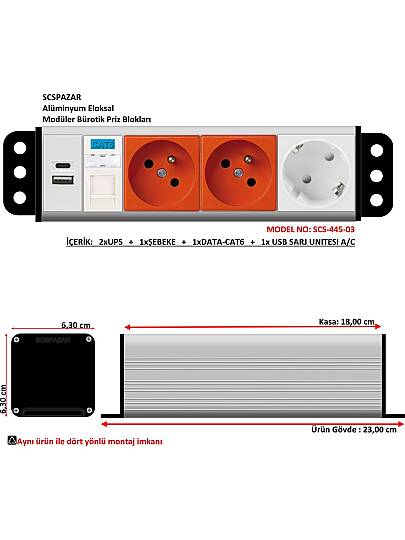 4x45 priz blok - 8 modül ( 1 şebeke + 2 ups  + 1 data + 1 usb sarj a/c )