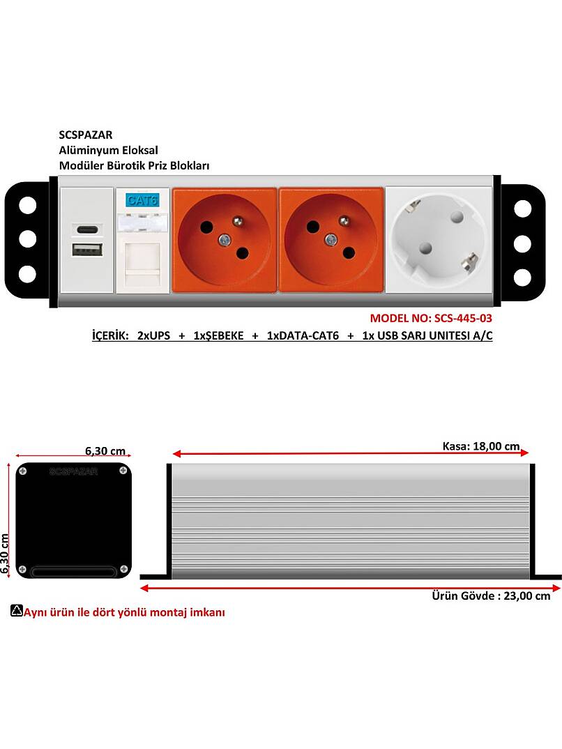 4x45 priz blok - 8 modül ( 1 şebeke + 2 ups  + 1 data + 1 usb sarj a/c ) - 1