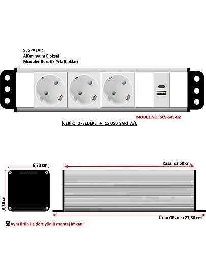5x45 priz blok - 10 modül ( 3 şebeke + 1 usb sarj a/c )
