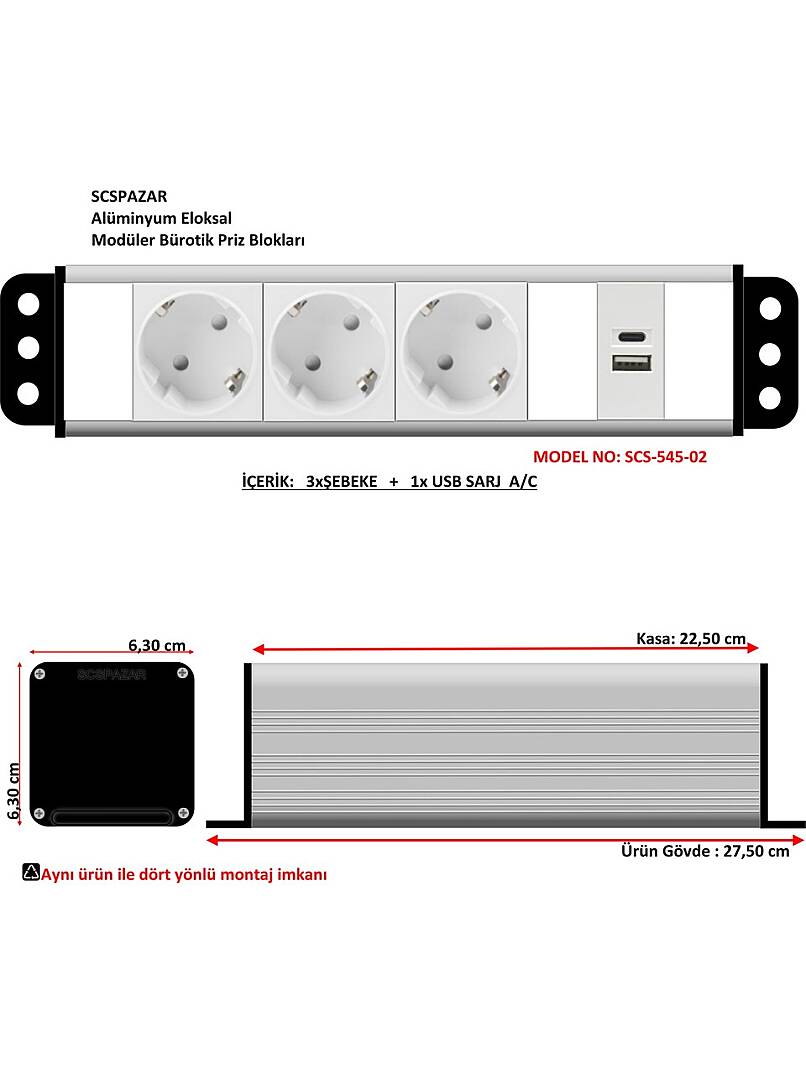 5x45 priz blok - 10 modül ( 3 şebeke + 1 usb sarj a/c ) - 1