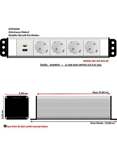 6x45 priz blok - 12 modül ( 4 şebeke + sarj A/C hızlı 20W )