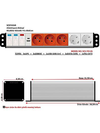 7x45 priz blok - 14 modül (2 şebeke + 3 ups + 2 data + 1 telefon + 1 usb sarj a/c hızlı  )