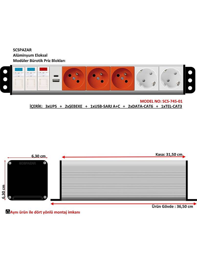 7x45 priz blok - 14 modül (2 şebeke + 3 ups + 2 data + 1 telefon + 1 usb sarj a/c hızlı ) - 1