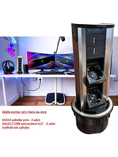 Dolap Masa Üzeri Silindir Priz Kasası Pop Up Basmalı Priz Kanalı 6 Modül B1K ( 3 priz + 2 usb A + 2 usb C )