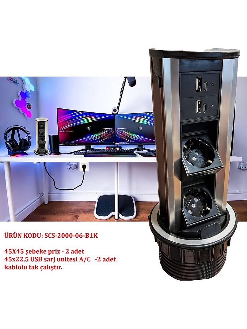 Dolap Masa Üzeri Silindir Priz Kasası Pop Up Basmalı Priz Kanalı 6 Modül B1K ( 3 priz + 2 usb A + 2 usb C ) - 1