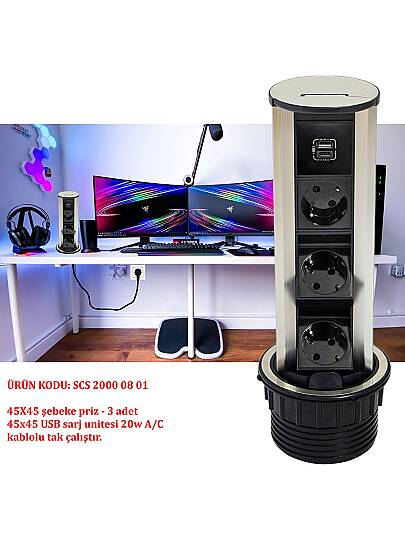 Dolap Masa Üzeri Silindir Priz Kasası Pop Up Basmalı Priz Kanalı ( 3 priz + 1 usb hızlı sarj A/C )