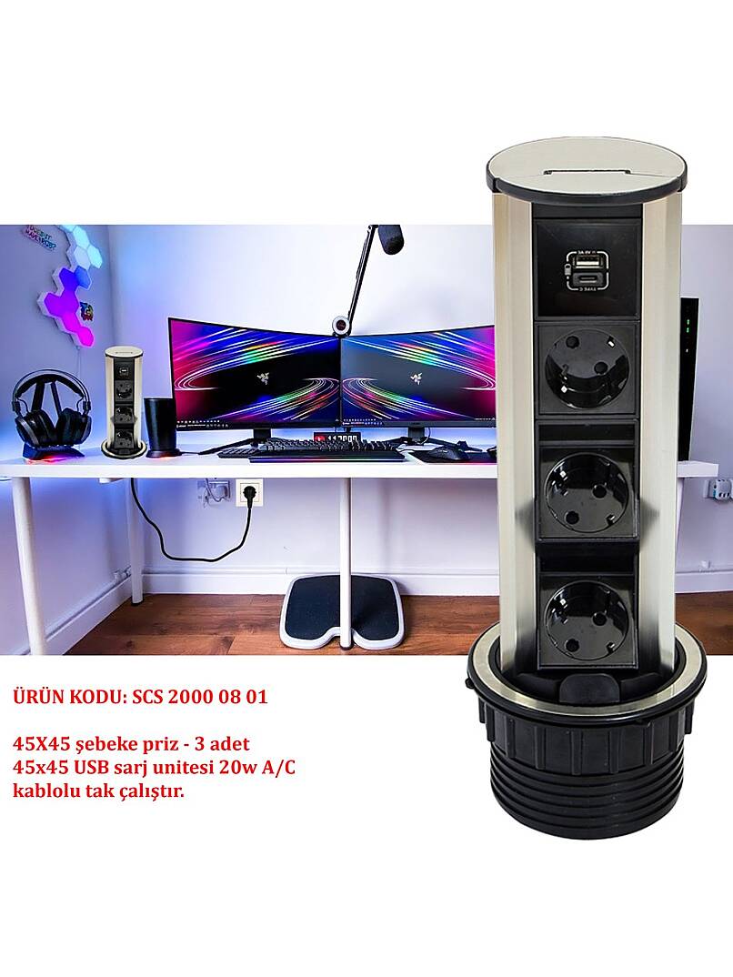 Dolap Masa Üzeri Silindir Priz Kasası Pop Up Basmalı Priz Kanalı ( 3 priz + 1 usb hızlı sarj A/C ) - 1
