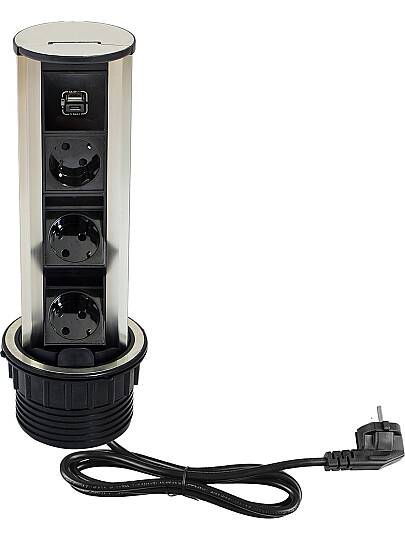 Dolap Masa Üzeri Silindir Priz Kasası Pop Up Basmalı Priz Kanalı ( 3 priz + 1 usb hızlı sarj A/C ) - 2