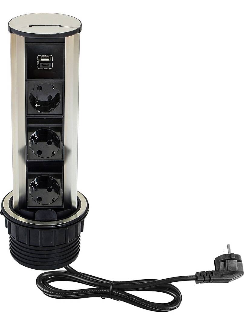 Dolap Masa Üzeri Silindir Priz Kasası Pop Up Basmalı Priz Kanalı ( 3 priz + 1 usb hızlı sarj A/C ) - 2